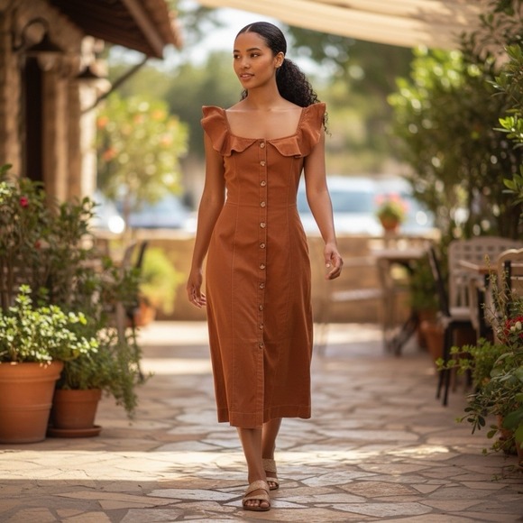 Anthropologie Medium Tan Ruffle Sleeve Stretch Button-Up Fitted MIDI Dress New - Picture 2 of 14